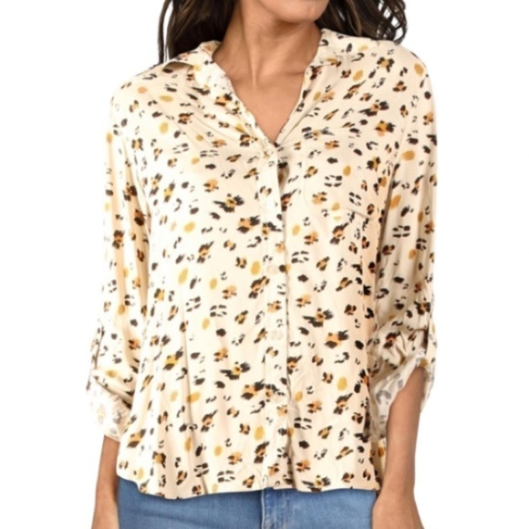 JAK & rae ivory leopard long sleeve button up top sz M - Picture 4 of 6